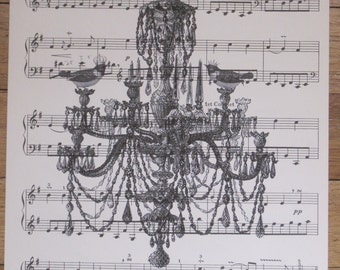 french market style chandelier with birds vintage sheet music