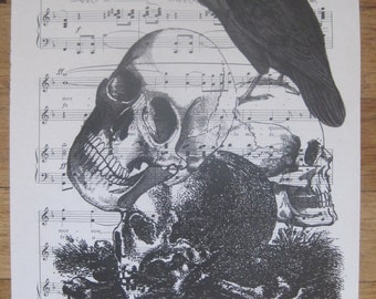 NEW creepy halloween skull on vintage sheet music