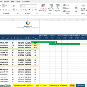 Editable Gantt Chart | Construction Project Schedule Template | Project Management Excel Planner