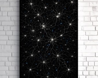 Lámina artística abstracta de galaxia neuronal / Decoración de pared de explosión cerebral cósmica en negro y azul