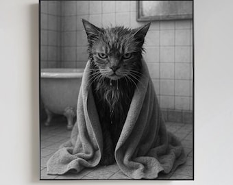 Impresión en lienzo, gato mojado envuelto en toalla, arte de pared para baño, decoración de gato gruñón, fotografía de azulejos vintage, imagen de bañera con patas, gato malhumorado