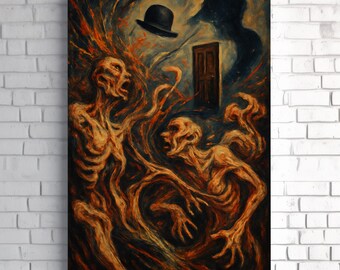 Lámina artística surrealista de ensueño: visión abstracta caótica con figuras que gritan, puerta de sombras y sombrero flotante.