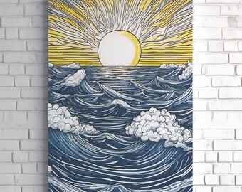 Impresión en lienzo de océano abierto y sol: paisaje marino con líneas estilizadas, decoración costera llamativa para hogares de playa modernos o espacios creativos.
