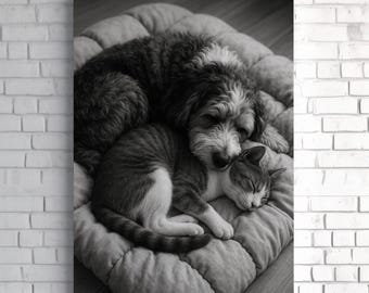 Impresión fotográfica de perro y gato acurrucándose / Arte mural de mascotas en blanco y negro