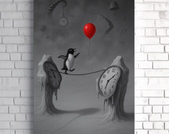 Lienzo de pingüino surrealista para pared - Estampado animal en blanco y negro / Decoración monocromática moderna para el hogar / Idea de regalo con ilustración única de pingüino