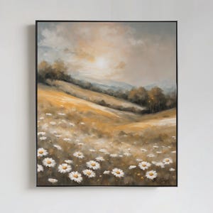 Canvasprint Golden Daisy Meadow - muurkunst warm bloemenlandschap - vredige natuur Decor voor slaapkamers of cottages