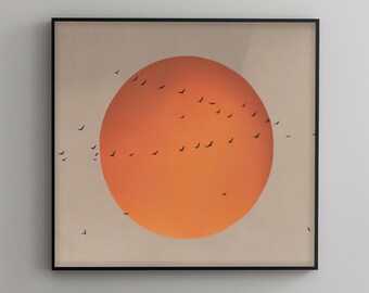 Arte mural de bandada de pájaros - Impresión en lienzo con cielo al atardecer - Decoración minimalista natural para hogares, oficinas o espacios de lectura tranquilos
