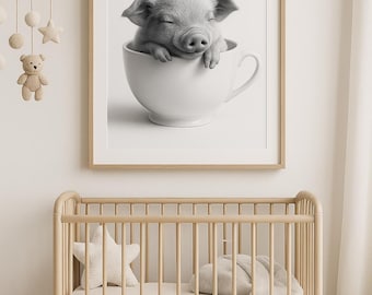 Lienzo decorativo para pared con un cerdito en forma de taza de té. Impresión minimalista de animales para guardería. Póster de cerdito en blanco y negro. Decoración de habitación infantil de estilo rústico.