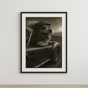 Canvasafdruk hond rijden vintage auto - grappige retro kunst aan de muur - sepia avontuur decor voor dierenliefhebbers, kantoren of man Caves