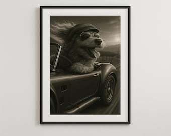 Impresión en lienzo de un perro conduciendo un coche clásico - Arte mural retro divertido - Decoración de aventura sepia para amantes de las mascotas, oficinas o cuevas masculinas