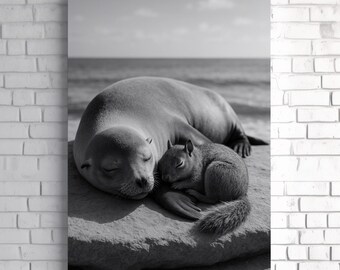 Lámina artística de león marino y ardilla abrazados / Decoración de pared para habitación infantil con animales en blanco y negro