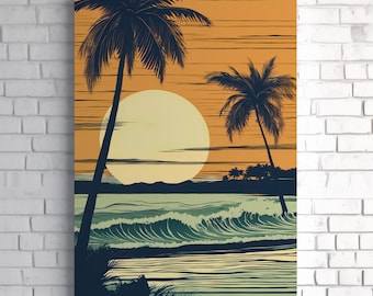 Lienzo decorativo con puesta de sol en el océano y palmeras - Impresión de atardecer en playa tropical / Decoración costera / Regalo relajante de paisaje marino para amantes de la playa