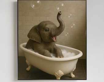 Impresión en lienzo de baño de burbujas con elefante bebé - Lindo arte de pared para baño - Decoración de animales para guardería - Regalo adorable para niños o baby shower