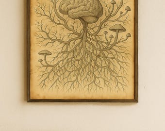 Brain and Mushroom Mycelium Art Print – Vintage Scientific Illustration