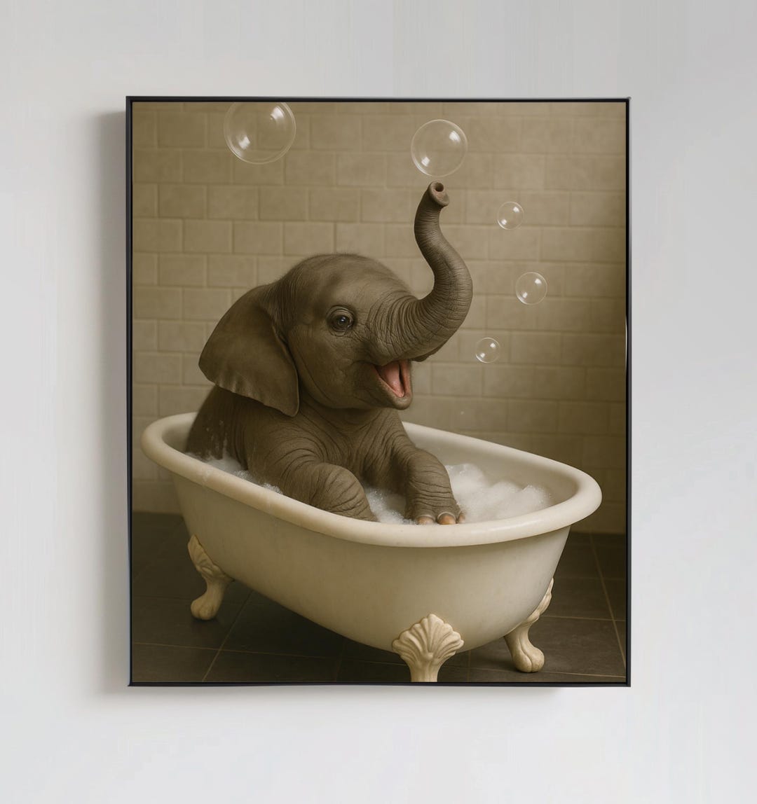 Baby Elephant Bubble Bath Canvas Print - Cute Bathroom Wall Art ...