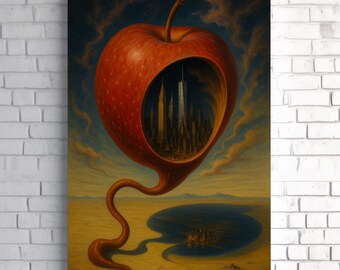 Lienzo decorativo con paisaje urbano de la Gran Manzana: horizonte surrealista de Nueva York en forma de manzana / Decoración urbana moderna / Impresión de arte mural de la ciudad de Nueva York