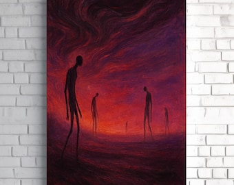 Vacío de paisaje onírico surrealista: figuras abstractas oscuras en niebla carmesí