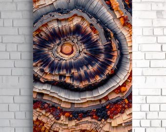 Lienzo de anillos de árboles petrificados en arena - Arte mural de naturaleza terrosa - Decoración abstracta minimalista - Tonos neutros para el hogar o la oficina