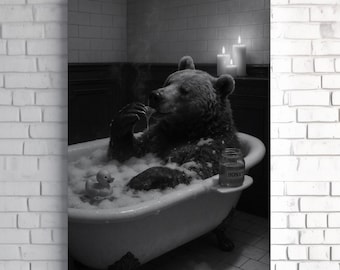 Impresión en lienzo de un oso en una bañera vintage - Arte divertido para la pared del baño - Decoración rústica de animales del bosque - Regalo original para amantes de la naturaleza