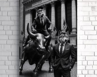 Impresión en lienzo de El Lobo de Wall Street - Arte monocromático de lobo con traje - Escena de estatua del toro de la Bolsa de Nueva York - Decoración de Wall Street para oficina o estudio