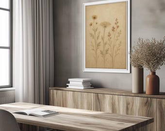 Lienzo decorativo de flores botánicas neutras - Estampado floral minimalista beige / Decoración moderna para el hogar inspirada en la naturaleza / Regalo de arte con flores silvestres