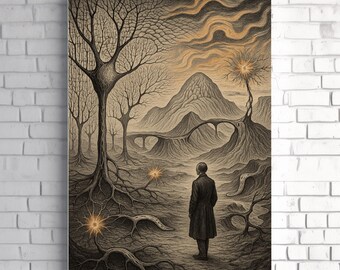 Lámina de paisaje onírico neuronal: un viaje mental surrealista a través de raíces cerebrales y árboles. Arte mural vintage de ciencia ficción para pensadores profundos.