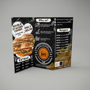 May include: A tri-fold menu with a black background and white text. The menu features a double-decker burger combo for $25.99. The menu also lists the restaurant's name, "Your Company", and its establishment date, 1992. The menu also includes a list of burgers and their prices, as well as a list of extras and their prices.