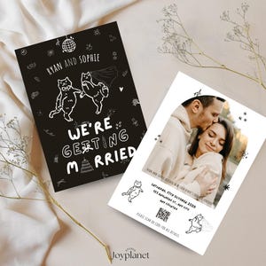 Convite de casamento com gatos dançantes - Estilo caprichoso desenhado à mão, Save the Date para impressão em tela, Convite de casamento divertido, Convite para impressão peculiar