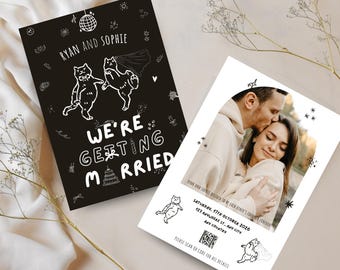 Dancing Cats Wedding Invitation - Whimsical Hand-Drawn Style, Printable canva save the date, Fun wedding invitation, Quirky Printable Invite