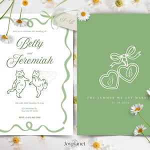 Invitación de boda con gatos caprichosos: tarjeta de boda "El verano en que cumplí", plantilla editable de Canva, divertidos y lindos gatos bailando dibujados a mano, tarjeta linda