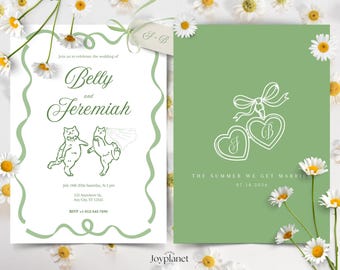 Whimsical Cat Wedding Invitation - The Summer I Turned Wedding card, Editable Canva Template, Funny cute Hand Drawn Dancing Cats, Cute card