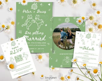 Boho Cat Wedding Invitation Suite - Editable Canva Template, Instant Digital Download, Printable RSVP & Details Cards, Hand-drawn Whimsical