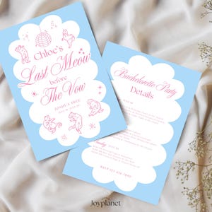 pink and skyblue color combination Editable Canva template for a whimsical cat-themed bachelorette invitation