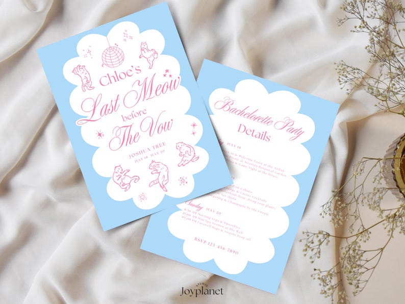 pink and skyblue color combination Editable Canva template for a whimsical cat-themed bachelorette invitation