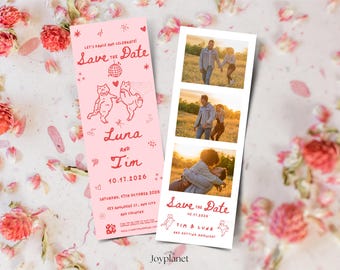 Photo Strip Save The Date - Getting Meowied Cat Invitation | Unique Editable Template, Instant Download in Canva, Photo Booth Style