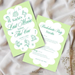Sweet Green Editable Canva template for a whimsical cat-themed bachelorette invitation