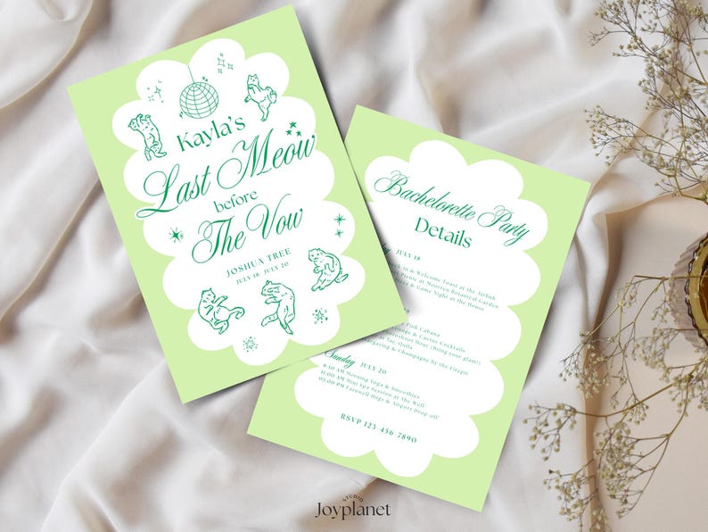 Sweet Green Editable Canva template for a whimsical cat-themed bachelorette invitation