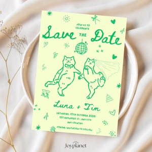 Editable Canva wedding invitation with illustrated cat couple