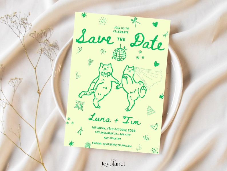 Editable Canva wedding invitation with illustrated cat couple