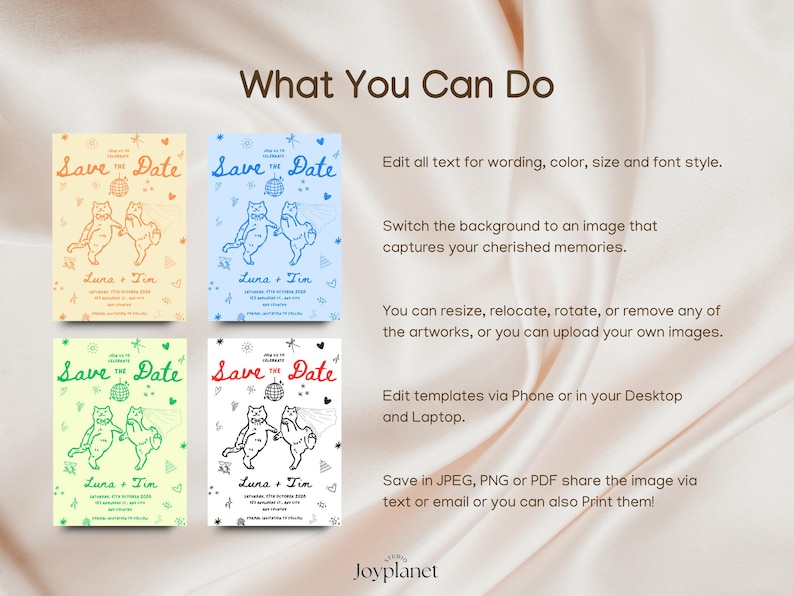 Printable bohemian wedding card featuring hand-drawn cats