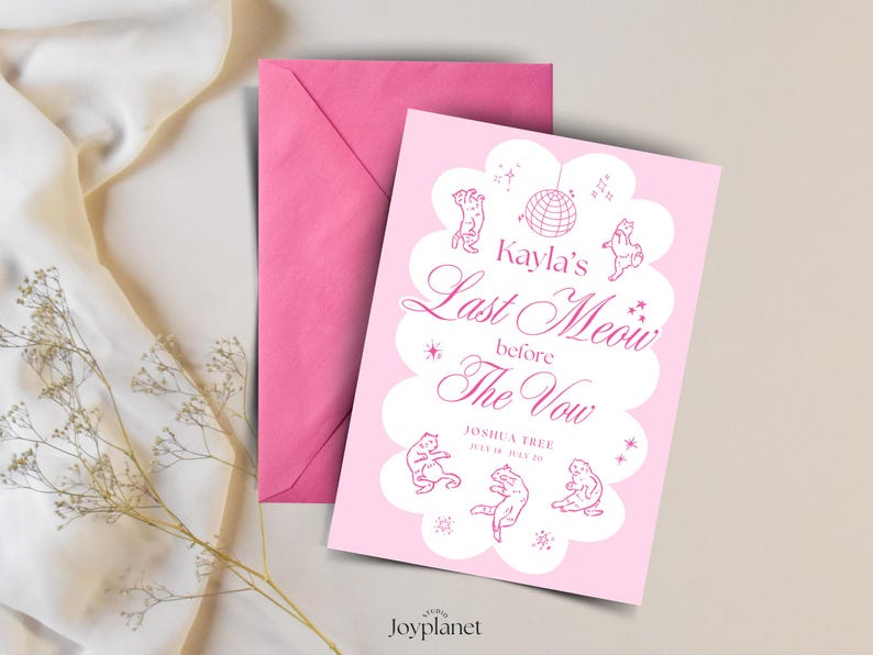 Editable cat bachelorette invitation in pink with playful kitten design and retro disco theme