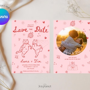 Digital wedding invitation template with cat art, perfect for Canva