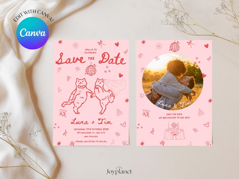 Digital wedding invitation template with cat art, perfect for Canva