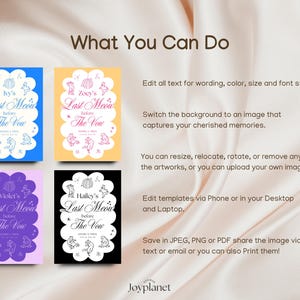 May include: Four colorful invitation templates with the text "Last Meow before The Vow". Each card features a unique color scheme: blue, yellow, purple, and black. The design includes cat illustrations and decorative elements.