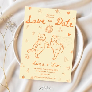 Hand-drawn dancing cat boho save the date invitation on yellow background