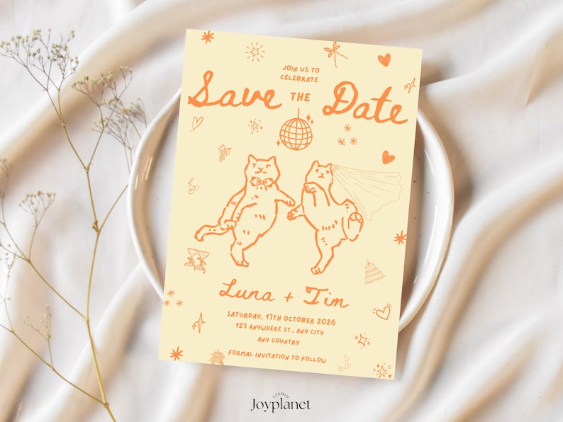 Hand-drawn dancing cat boho save the date invitation on yellow background