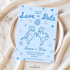 Hand-drawn dancing cat boho save the date invitation on blue background