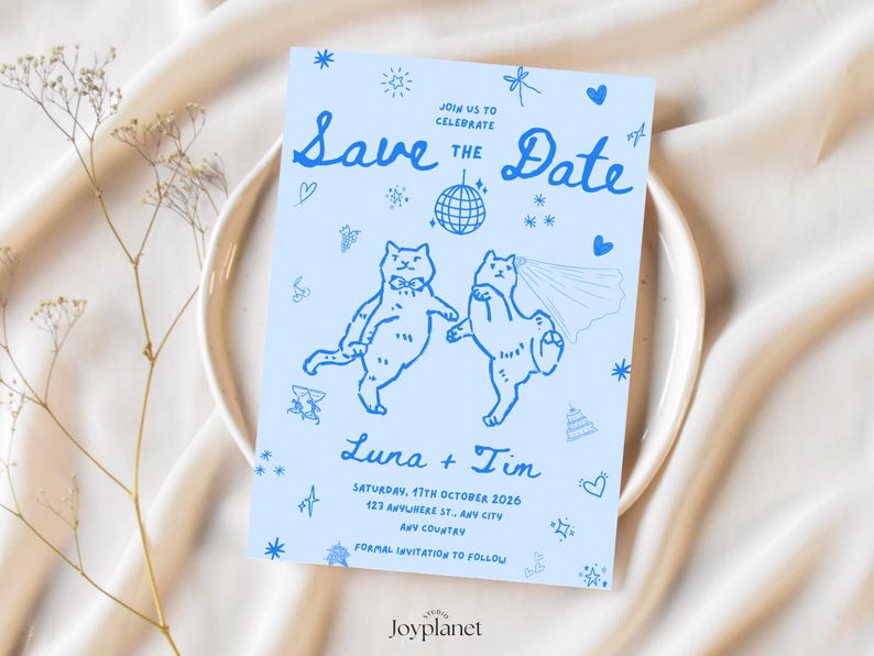 Hand-drawn dancing cat boho save the date invitation on blue background