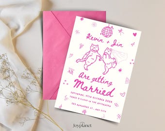 Boho Cat Wedding Invitation - Editable Canva template, Instant Download, Printable, Whimsical hand-drawn Illustration card, Instant Download