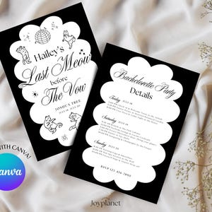Modern black and white cat bachelorette party invitation with editable Canva design